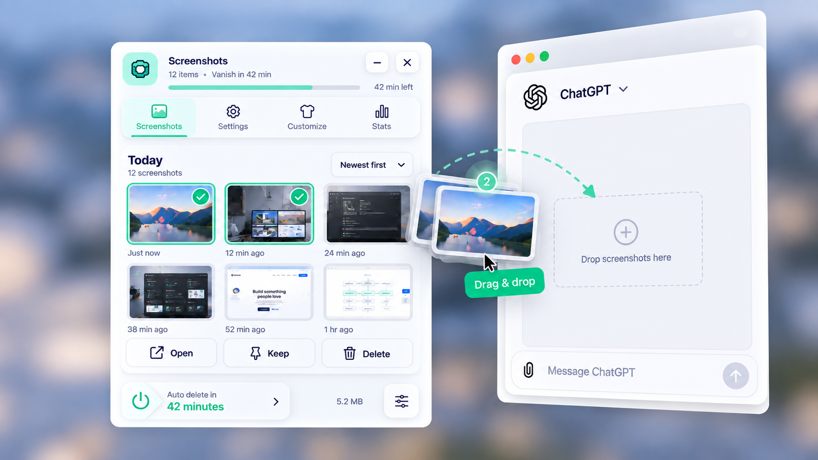 Dragging screenshots from SnapBud into ChatGPT